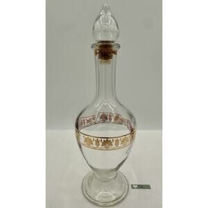 Vintage Clear Glass Decanter w Stopper Gold Floral Band Mid Century Barware
